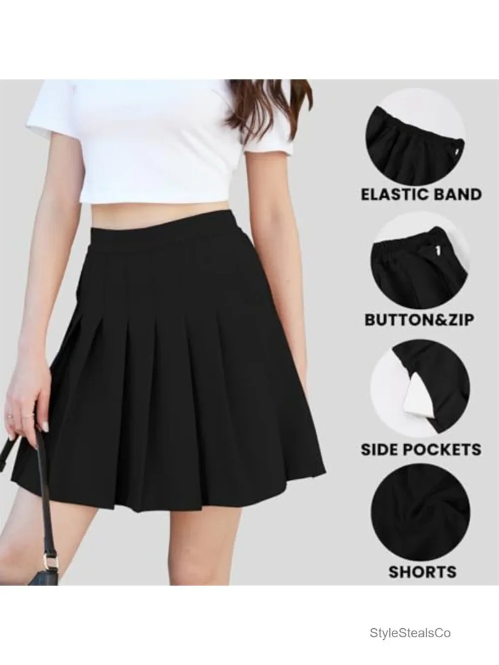 Pleated Skater Skirt High Waist Elastic Waist Zip Pockets Uniform Casual
